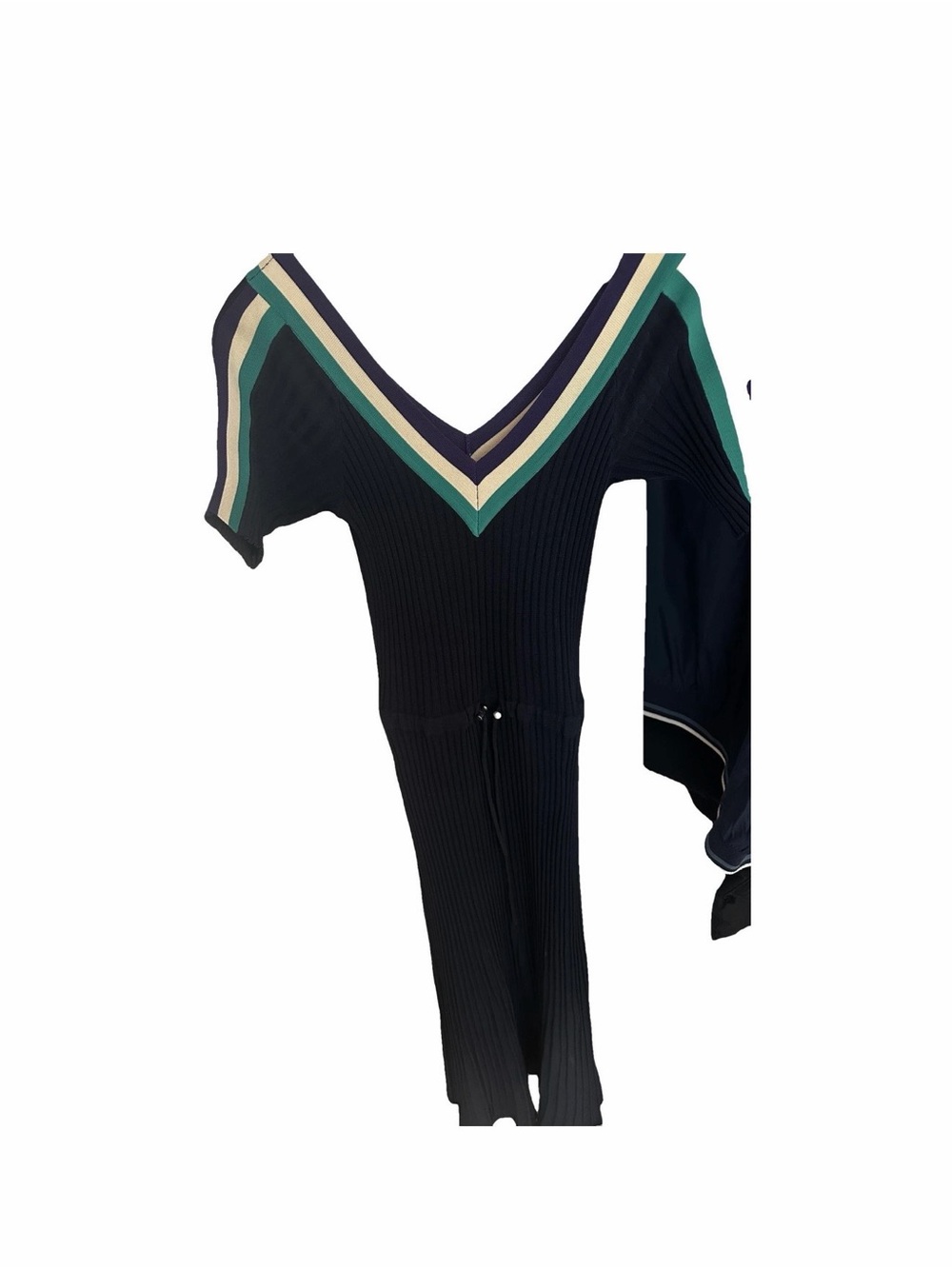 Sandro Navy One‑Shoulder Ribbed Dress with Green and Cream Trim